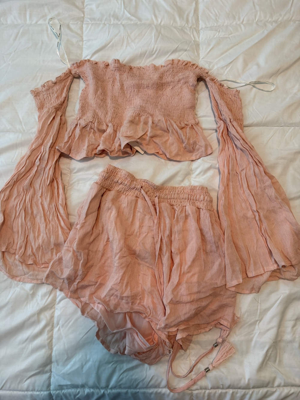 Peach Gauze Off-Shoulder Crop Top with Smocked Details